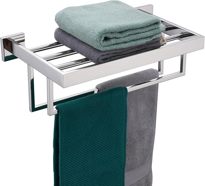 KOKOSIRI Bathroom Towel Shelf 16'' Chrome Towel Rack with Two Bath Towel Bars SUS304 Stainless Steel Wall Mounted, Polished Finish B6003CH-L16