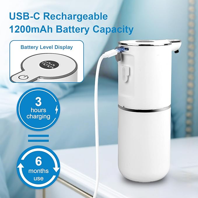 2 Pack Automatic Foaming Soap Dispenser Touchless, USB Rechargeable Smart Hand Soap Dispenser, 6-Level Adjustable, 12.8oz/380mL Wall Mount for Bathroom Kitchen Dish Soap-White