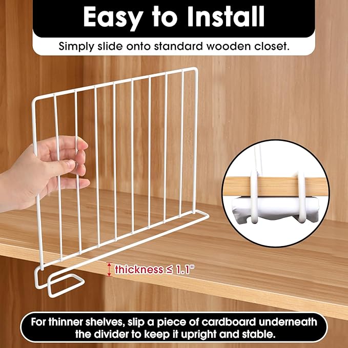Shelf Dividers, 8 Pack Shelf Dividers for Closet Organization, Metal Closet Shelf Organizer for Wood Shelves Separators for Purse Handbag Sweater Clothes Book Storage Bedroom Wardrobe Kitchen Cabinet