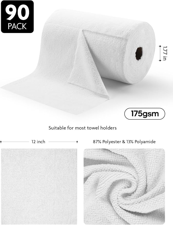 Fantasticlean Microfiber Cleaning Cloth Roll -90 Pack, Tear Away Microfiber Towels, 12" x 12", Reusable, Washable, Scratch Free, Ultra Absorbent Dishcloth for All-Around Cleaning Supplies (White)