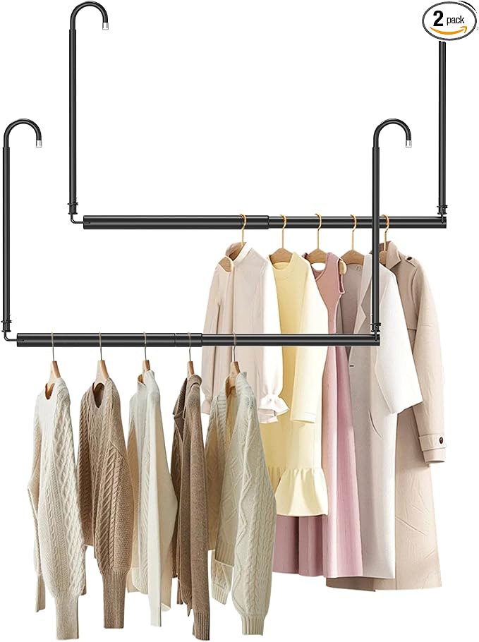 Hanging Closet Rod Adjustable Width Height Closet Rods For Hanging Clothes Black 2 Pack Closet Extender Hanging Rod Clothes Space-Saving Hanging Bar Organizer
