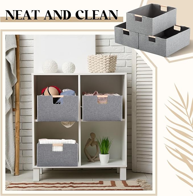 3 Pack Fabric Storage Bins for Closet Shelves, Rectangle Wardrobe Organizer with Handle, Collapsible Shelves Storage Basket for Sorting Clothes and Toy (Grey,15 x 10.6 x 6 Inch)