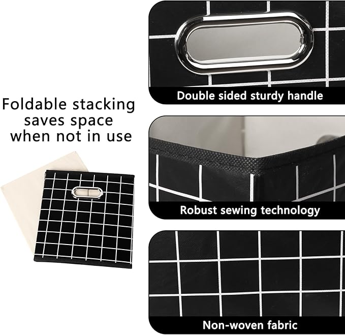 Yunkeeeper storage bins Cubes, Fabric Cube Organizer with Handle, Foldable Cube Bins for Cloth or Accessary Storage, 11x11x11, Set of 3,(Black grid)