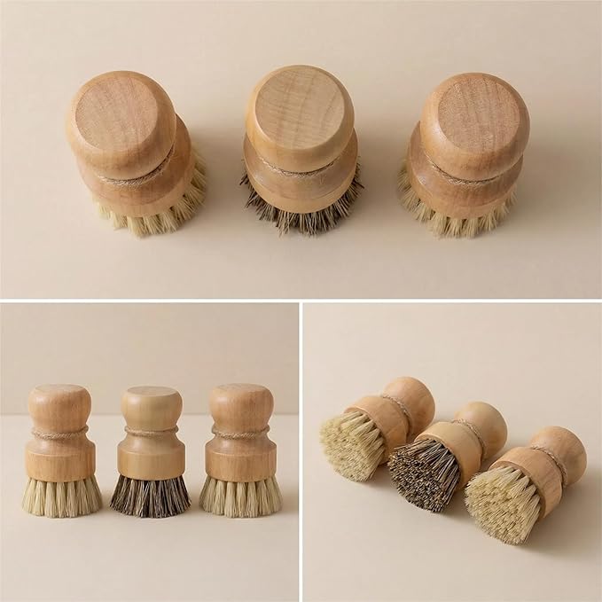 Wooden Dish Scrub Brush - Natural Fiber Kitchen Dish Scrubber Set, for Cleaning Pots, Sink, Tableware and Vegetables - 3 Pack