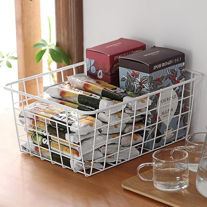 4 Pack White Wire Baskets for Pantry, 11" Upright Wire Freezer Storage Bins with Handles, Small White Metal Storage Basket for Freezer Organizing Office Kitchen Closets