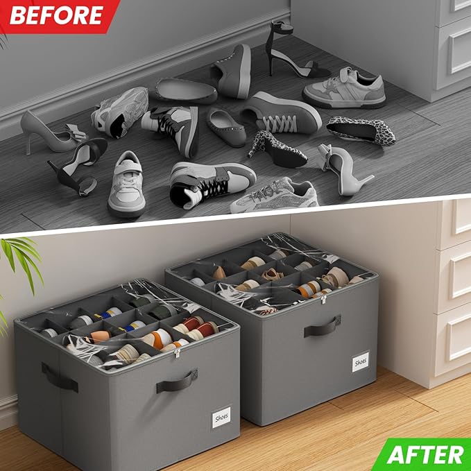 PHINOX Shoe Organizer for Closet, 2 Pack Fabric Shoe Organizer Storage Box, Shoe Storage Containers with Clear Cover, Closet Shoe Storage for Boots Sandals Slippers,Fits 16-32 Pairs, Gray