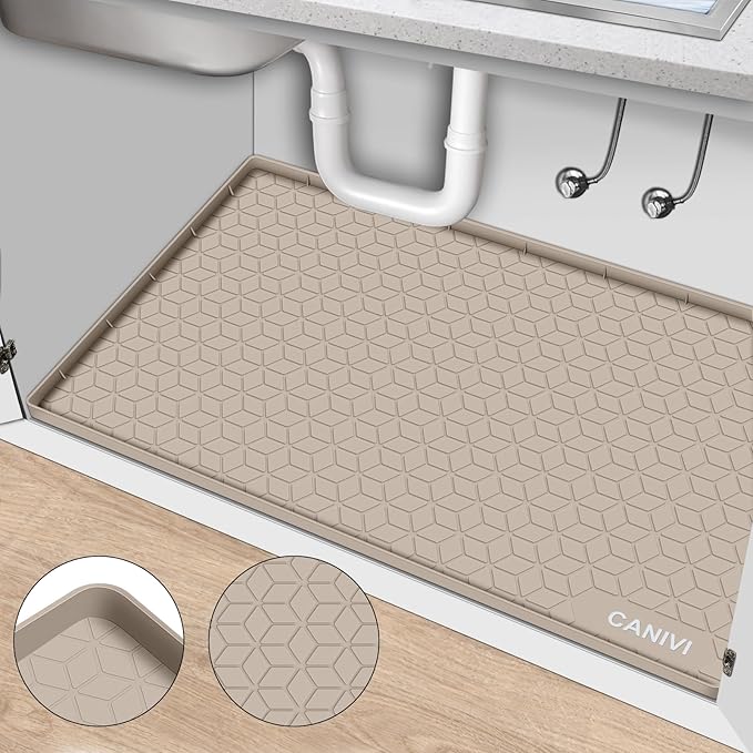 Under Sink Mat, 34" x 22" Waterproof Silicone Under Sink Tray for Kitchen & Laundry Cabinets, Kitchen Cabinet Shelf Protector, Up to 3.3 Gallons Liquid, Fits 36 inch Standard Cabinet(Grey)