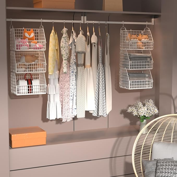 Hanging Closet Organizer and Storage, Clothes Hanging Shelves Wire Baskets for Clothing Sweaters Purse Handbags Shoes White 3 Tier