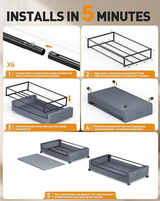 Under Bed Storage with Wheels, Square Under Bed Storage Containers, 60L Under The Bed Storage Bins, Rolling Metal Drawer for Clothes, Blankets, Shoes...