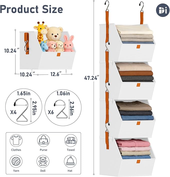 DIMJ Hanging Closet Organizer - 4 Tier Collapsible Hanging Shelves with Hooks Zipper, Fabric Clothes Organizer, Space-Saving Storage Bin Basket for RV, Bedroom, Laundry Organization