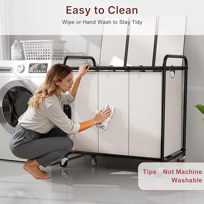 3-Compartment Laundry Cart with Lockable Wheels & Lid 180L Large Wheeled Laundry Basket Heavy-Duty Sorting Organizer for Laundry Room (White)
