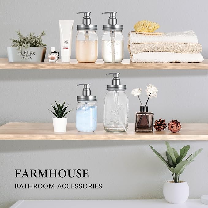 Amolliar Plastic Mason Jar Soap Dispenser with Pump Lid,16OZ Refillable BPA-Free Hand Soap Dispenser Set with Cute Lables, Farmhouse Decor for Kitchen Bathroom, Liquid Soap, Dish Soap (2 Pack, Silver)