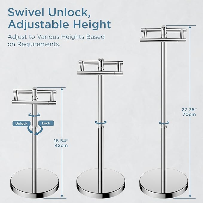 Toilet Paper Holder Stand Adjustable, Freestanding Tissue Roll Holder for Bathroom, Pivoting Design, Durable SUS 304 Stainless Steel and Weighted Base Toilet Paper Stand, Storage (Chrome)