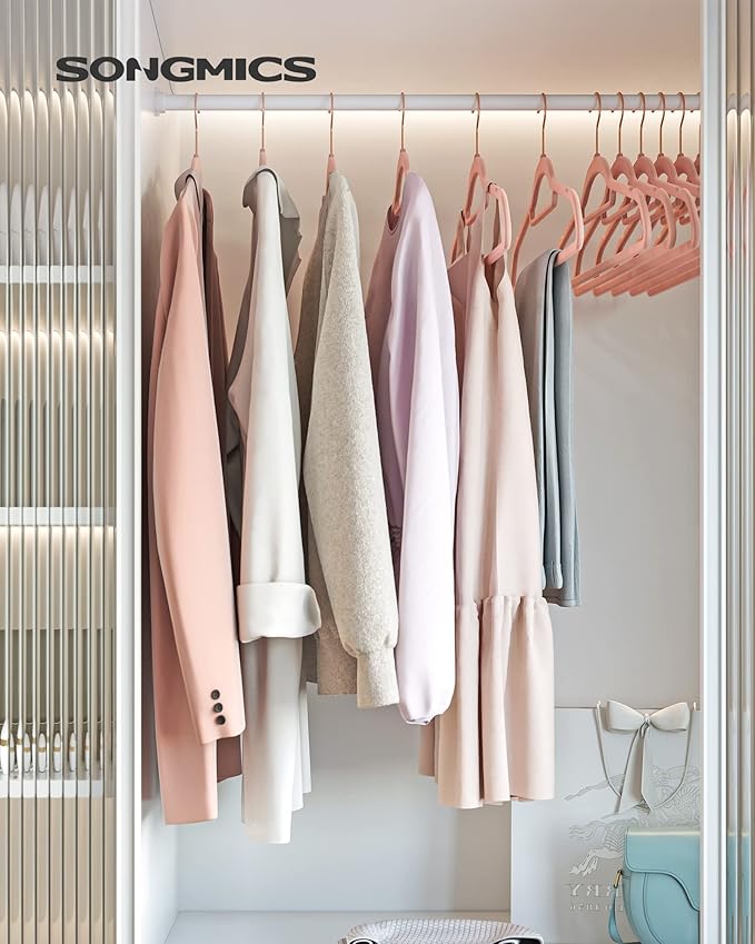 SONGMICS Velvet Hangers, Set of 100 Clothes Hanger with Rose Gold Swivel Hook, Non-Slip, and Space-Saving, 0.2-Inch Thick, 17.1-Inch Long for Coat, Shirt, Dress, Pants, Tie, Coral Pink UCRF021PK100