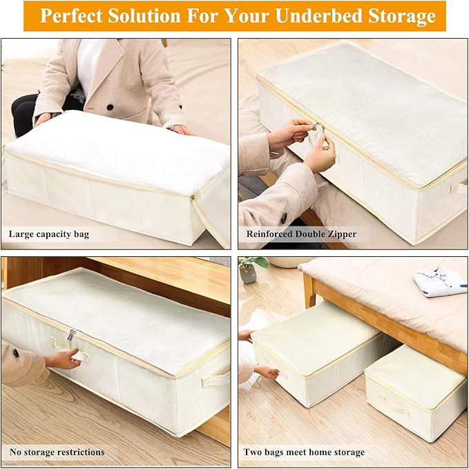 punemi Underbed wedding dress storage box, 2 Pack Clothing Storage Bags W/Upgraded Handles, Large Capacity Underbed Shoe Container Organizer for Blanket, Pillows, Comforters & Quilts, Beige