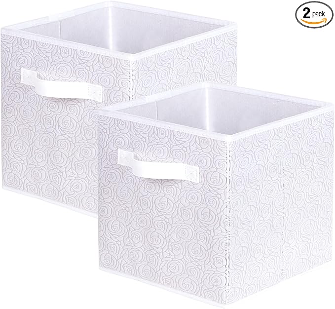 ShellKingdom Storage Bins, Foldable Fabric Storage Cubes with 3D Embossed Rose Pattern, Cloth Organizer Drawer For Closet And Toys, 10.5 X 10.5 X 11 inch, 2 Pack (White)