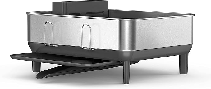 simplehuman Compact Dish Drying Rack with Stainless Steel Frame, 360º Easy Drain Swivel Spout, Utensil Holder, Anti-Residue Coating, Moisture Control Surface, Grey