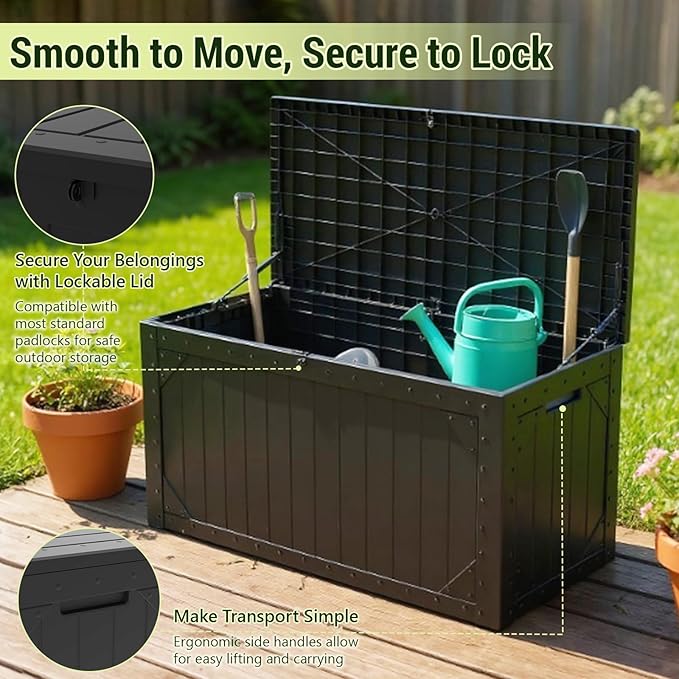 TARKARI 100 Gallon Lockable Resin Deck Box, Waterproof & UV-Resistant Outdoor Storage Box for Outdoor Cushion Storage, Garden Tools & Pool Accessories Storage, Black
