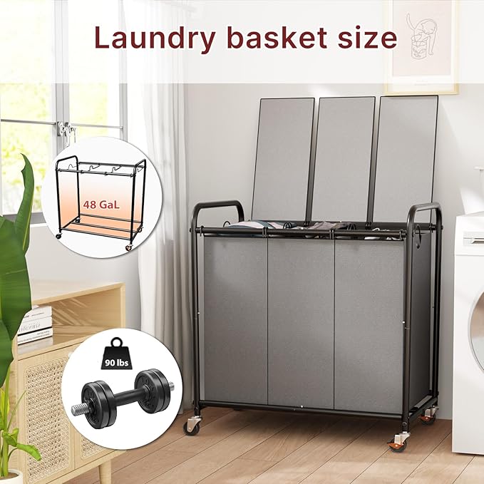 3-Compartment Laundry Cart with Lockable Wheels & Lid 180L Large Wheeled Laundry Basket Heavy-Duty Sorting Organizer for Laundry Room (Grey)