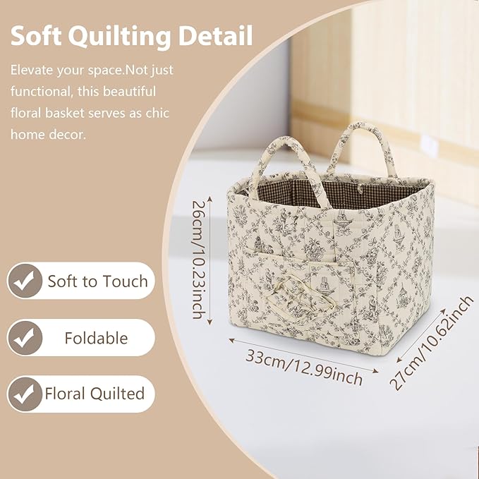 Storage Basket Boho Fabric Large Collapsible Floral Laundry Nursery Hamper Portable Folding Storage for Clothes Toys (Vine-Coffee)