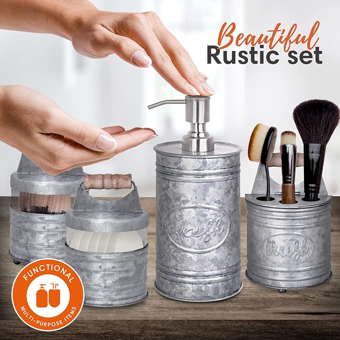 Autumn Alley Rustic Bathroom Accessories Set 4 - Galvanized Soap Dispenser, Rustic Toothbrush Holder, 2 Apothecary Jars Qtip Holder - Western Bathroom Decor – Farmhouse Bathroom Decor Accessories