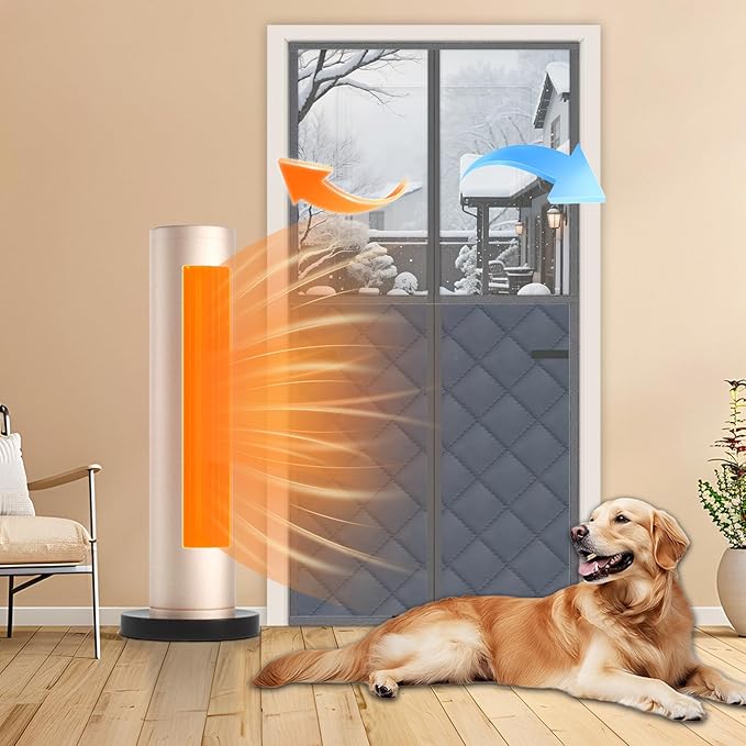 Magnetic Thermal Insulated Door Curtain for Winter,34" W x 81" H, Thermal Cover with Clear Window,Thicken Gray (Gray, Fit Door 32"x80")