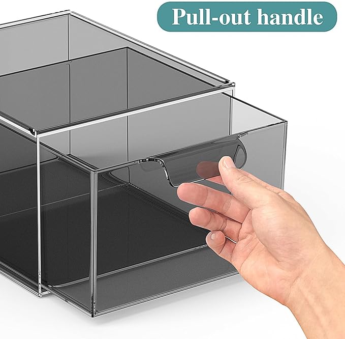 3 Pack Stackable Makeup Organizer and Storage, Acrylic Organizers，Clear Plastic Storage Drawer with Pull-Out Handles for Vanity, Undersink, Kitchen Cabinets, Pantry, Black