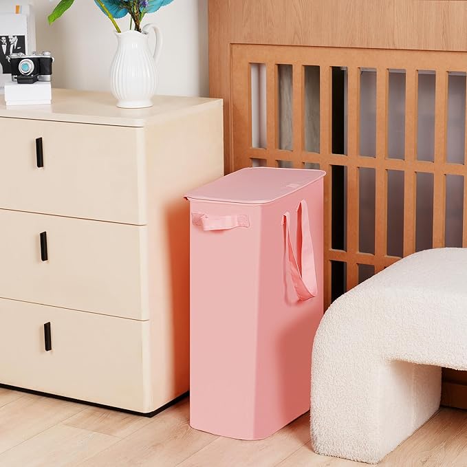 efluky Slim Laundry Basket with Lid, Narrow Laundry Hamper with Handles, Collapsible Dirty Clothes Hamper, Tall Laundry Bin for Laundry Room, Dorm and Bedroom, 55L Pink