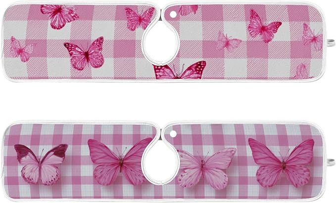 Sink Faucet Absorbing Mat Kitchen Sink Splash Guard Splash Faucet Drip Catcher for Bar RV Bathroom 2PCS 14.9x5.5in Checkered Pink and White Butterflies