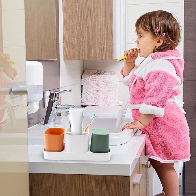 Toothbrush Holder for Bathroom, Bathroom Organizer Storage Set with 2 Cups, Kids Electric Toothbrush Holder, Bathroom Accessories Storage for Toothpaste