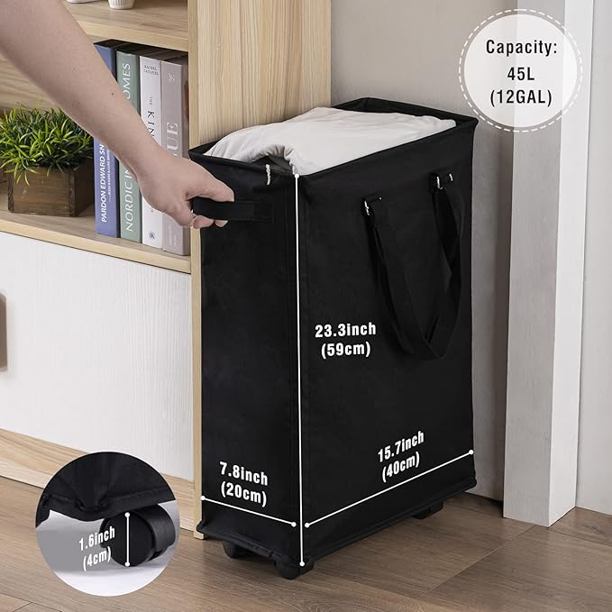 Slim Rolling Laundry Basket, Slim Laundry Hamper with Wheels and Adjustable Long Handles, 45L Small Laundry Baskets with Mesh Top for Bedroom, Closet, and Bathroom - Black