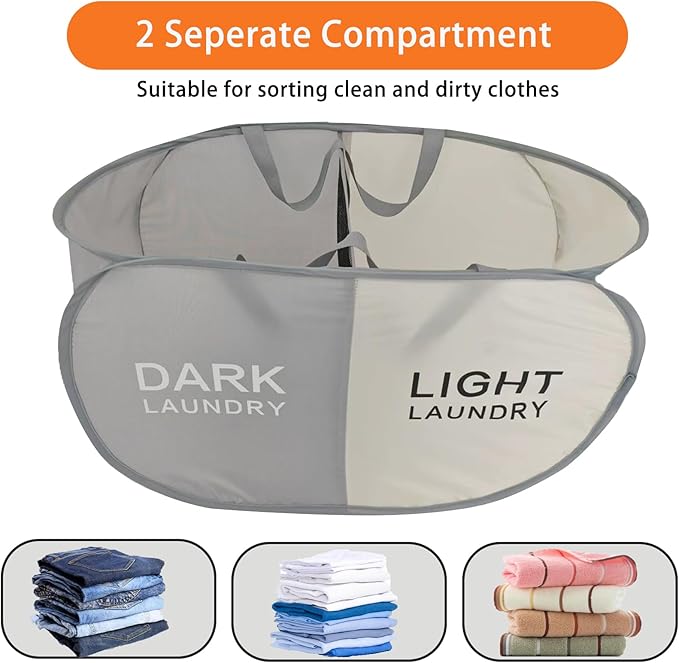 Collapsible Pop Up Laundry Hamper 2 Section, Folding Cloth Hamper Sorter Basket Organizer for Bedroom, Laundry Room, Dorm