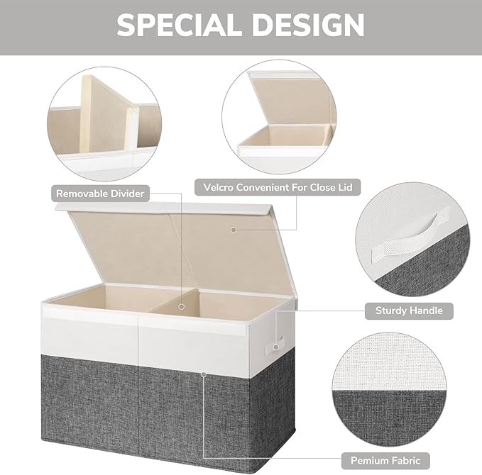 INDRESSME 25"x13"x16" Large Toy Storage Box with Lid, Toy Chest Organizer Toy Basket with Dividers for Playroom, Bedroom, Closet, Toy Bin for Kids Baby Boys Girls (Grey & White)