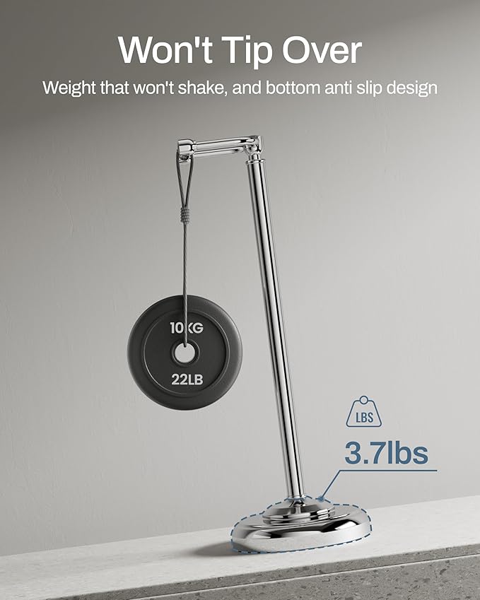 KALLYNB Freestanding Toilet Paper Holder Stand - Rustproof 304 Stainless Steel with Heavy Duty Weighted Base (4.8lbs), 22" Height Pivot Arm Tissue Roll Dispenser, Fits Mega Rolls - Chrome Finish