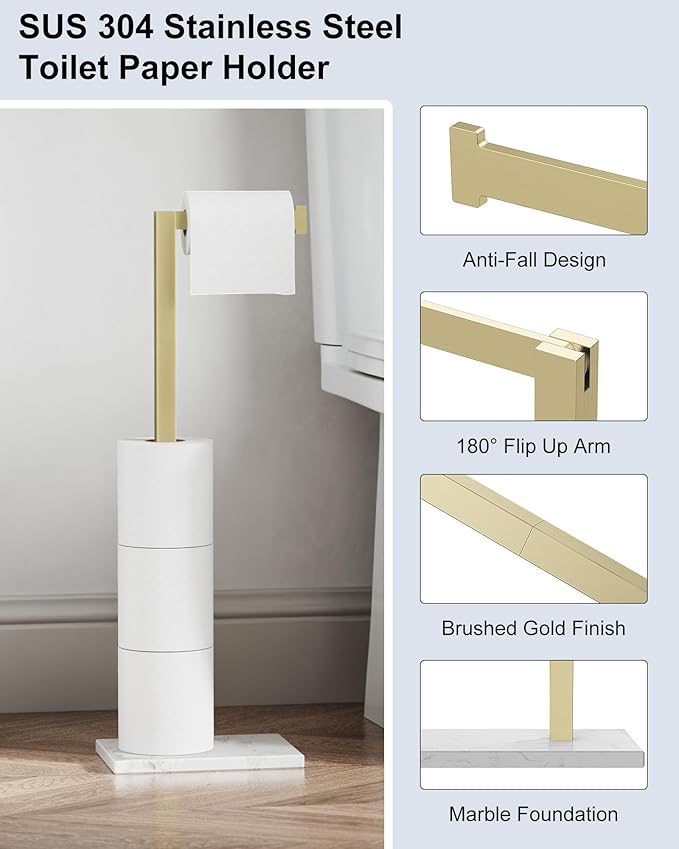 Toilet Paper Holder Stand Brushed Gold SUS 304 Stainless Steel Rustproof Free Standing 22" Rotating Bathroom Tissue Roll Holder for 4 Rolls with Marble Base by HOMEMYSTIQUE