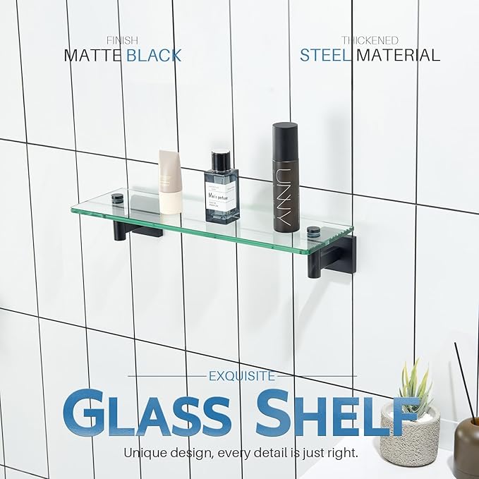 KOKOSIRI Bathroom Shelves Glass Floating Shelf 16-Inch for Bedroom, Living Room, Kitchen, Small Hanging Rack Rustproof Wall Mounted Black B1105BK-L16