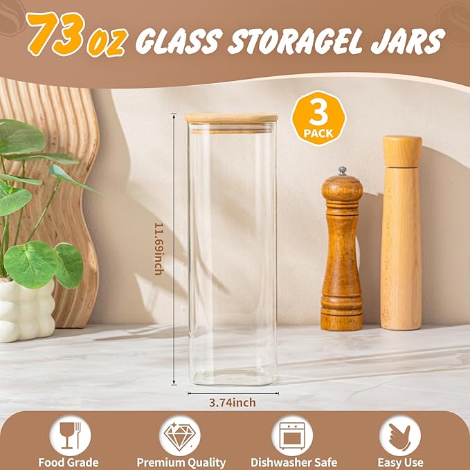 73 Oz Glass Storage Jars with Bamboo Lids - 3 Pack Clear Glass Canisters Square Airtight Stackable Ideal for Pantry Storage Containers Great for Storing Oats Coffee Beans Pasta Flour Rice etc