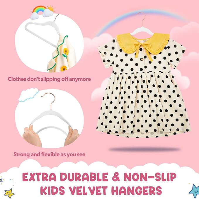 HOUSE DAY Velvet Kids Hangers 60 Pack, Premium Childrens Hangers for Closet, Ultra Thin Cute Clothes Hanger, Non Slip Small Felt Hanger 14 Inch for Kids Clothes, White