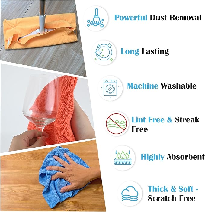 Microfiber Cleaning Cloth, 50 Pack Cleaning Rags with 5 Color Assorted, Absorbent and Lint Free Cleaning Cloth for Window, Household and Kitchen, 11"X11.5", (Blue/Yellow/Green/Orange/Red)