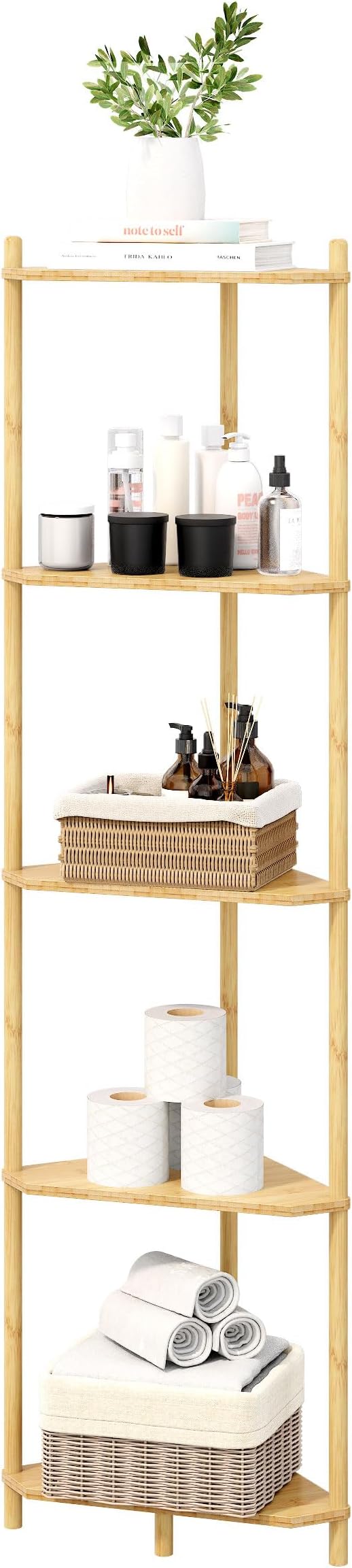Corner Shelf Stand - 5 Tier Bamboo Small Corner Bookshelf for Office Kitchen Bedroom Plant Stand Living Room Decor Small Space (Natural, 5 Tier)