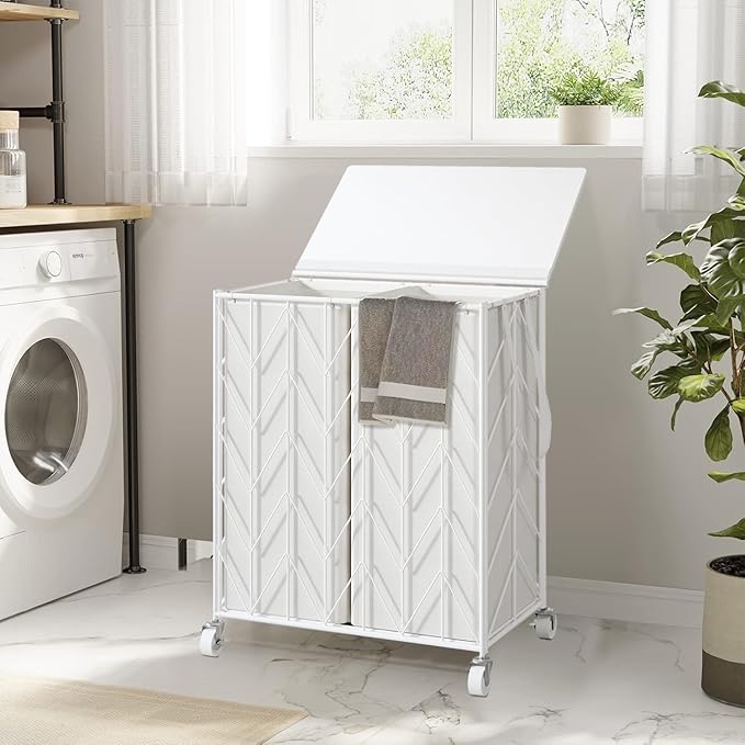WOWLIVE Laundry Basket with Wheels, Heavy Duty Laundry Hamper with Wood Lid, Clothes Hamper with Divided Removable Liner Bag, Large Capacity Iron-Made Laundry Sorter Laundry Room Organization (White)