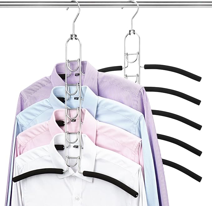 Mastom Space Saving Clothes Hangers, Multilayer Metal Hanger 2 Pack 5 in 1 Space Saver Coat Hangers, Anti-Slip Foam Padded Shirt Suit Hanger for Closet Storage Organizer