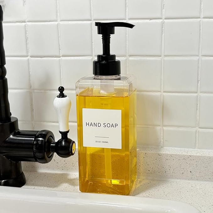 Clear Soap Dispenser with Waterproof Labels, Thickened Plastic Hand Soap Dispenser for Bathroom, Kitchen Dish Washing Liquid Bottles, Shampoo and Conditioner Bottles with Funnel (22oz 2Pack Clear)