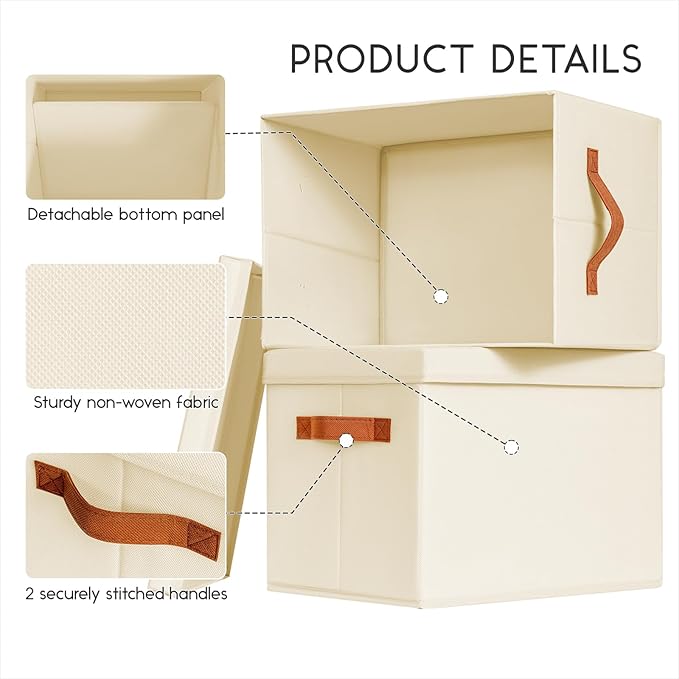 Storage Bins with Lids - Large Fabric Closet Bins with Lid, 8 Pack Clothes Organizers and Storage, Collapsible Stackable Cube Basket for Home, Office, Dorm, Beige