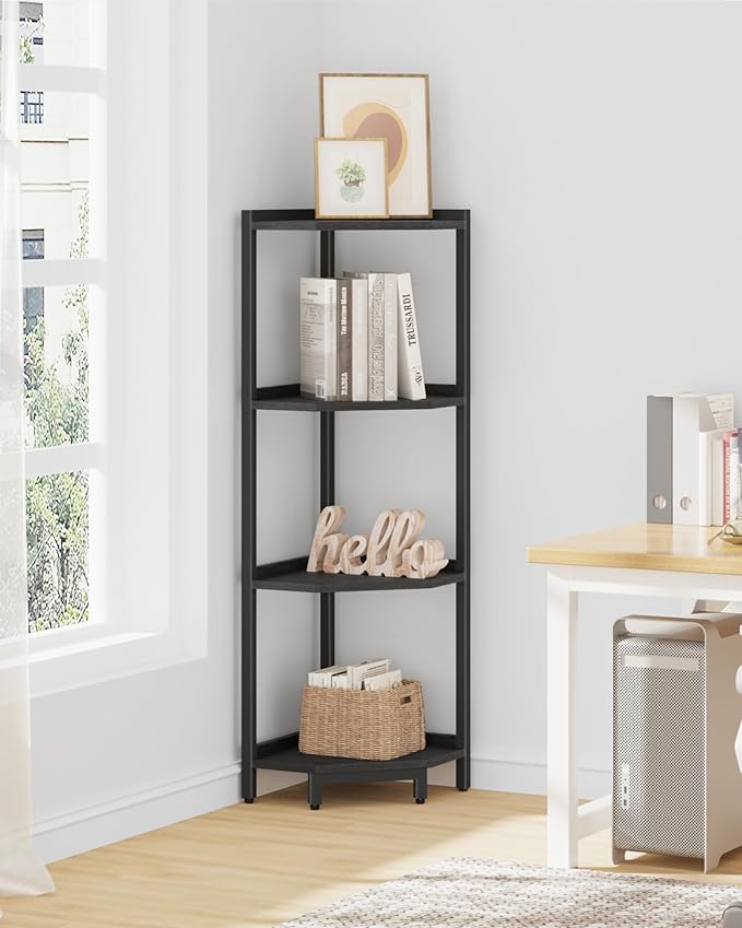 Corner Shelf Stand, Corner Bookshelf, Storage Standing Shelf Unit with Metal Frame, Plant Stand, Bookcase for Living Room, Home Office, Bedroom, 4-Tier Black CS05806B
