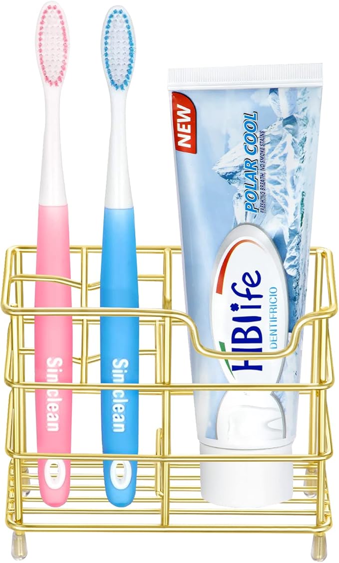 HBlife Small Toothbrush Holder for Bathroom, 5 Slots Gold Stainless Steel Bathroom Accessories Organizer for Small Spaces