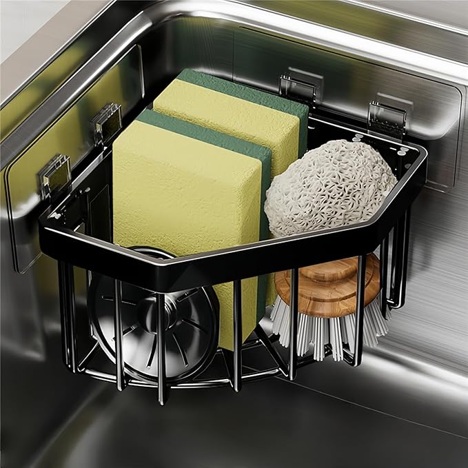 Wall Mounted Sink Caddy Organizer, Carbon Steel Kitchen Sponge Holder with 2 Adhesive Hooks, Triangular Drain Rack, 5.27x5.27x3.54 Inch (Black)