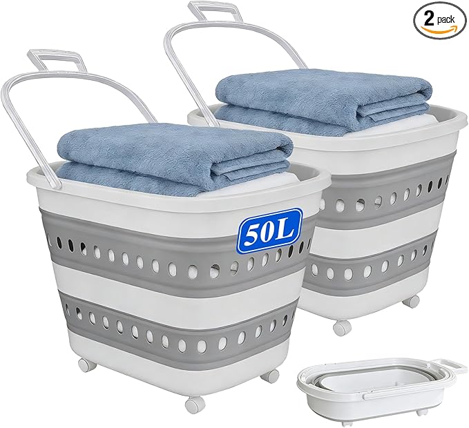 2 Pcs 50L Collapsible Plastic Laundry Basket Hamper with Wheels, Foldable Laundry Basket with Handles, Pop Up Storage Container Organizer for Washing Storage