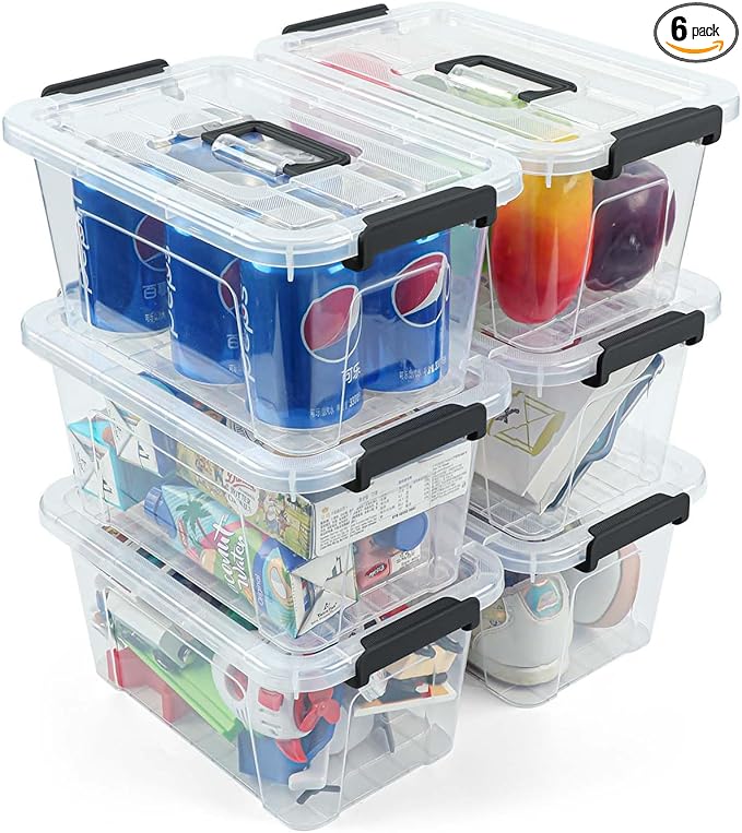 NUMIFUN Plastic Storage Bins with Lids 6 Pack Storage Organizer, 7 Quart Stackable Storage Bins with Buckle-Up Latches and Handle Storage totes easy for Home Office Pantry Organization, Clear Lids