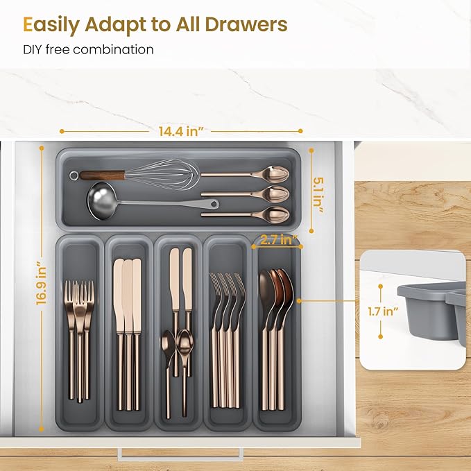 6 Pack Silicone Drawer Organizer for Kitchen, DIY Free Combination Silverware Organizer, Utensil Drawer Organizer, Moisture-proof and Heat-resistant up to 200°C, Anti-slip Design (Grey)